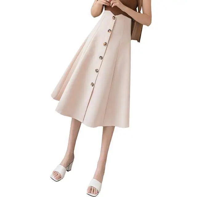 

Women 2021 Summer Fashion Retro Skirts New Female High Waist Button A-Line Midi Skirts Office Lady Elegant Slim Skirts Falda Y97