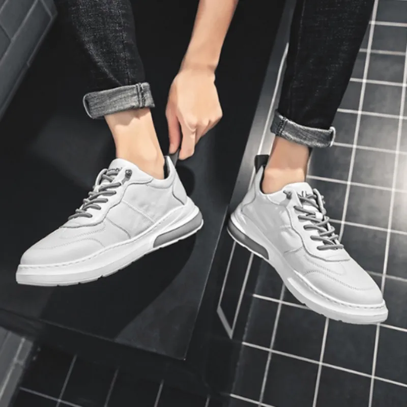 

Korean Style Genuine Leather Sport Casual Shoes Men Round Toe Elastic Band Spring Autumn Solid Males Top-Layer Cowhide Shoes
