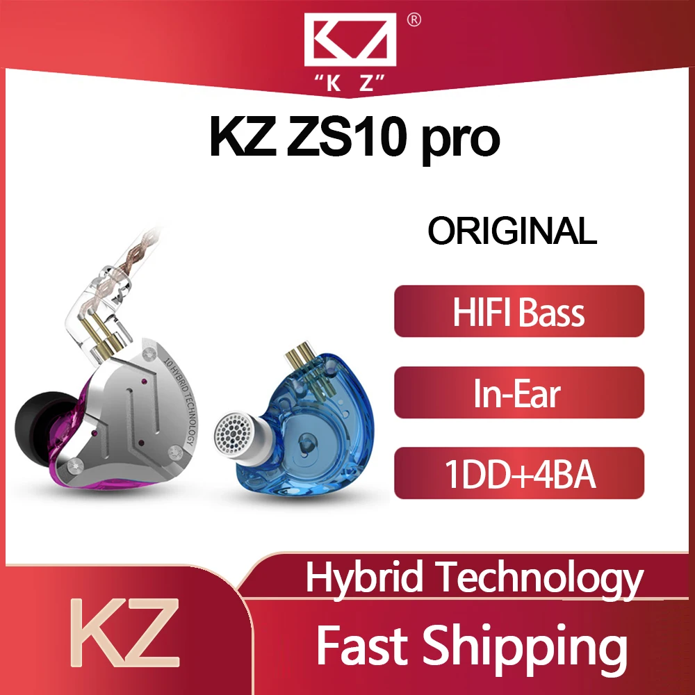 

Original KZ ZS10 Pro Metal In Ear Earphones 4BA+1DD Hybrid 10 Drivers HIFI Bass Earbuds Monitor Sport Noise Cancelling Headsets