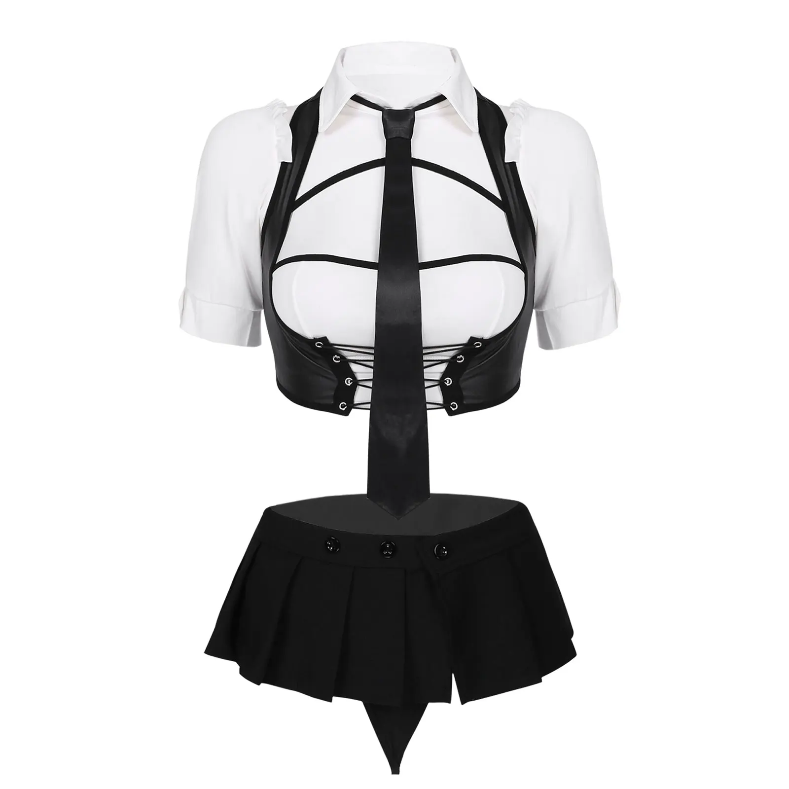 

Womens Lingerie Role Play Cosplay Uniform Sexy Costume Suit Hollow Out Crop Top PU Leather Vest Mini Skirt with Necktie G-String