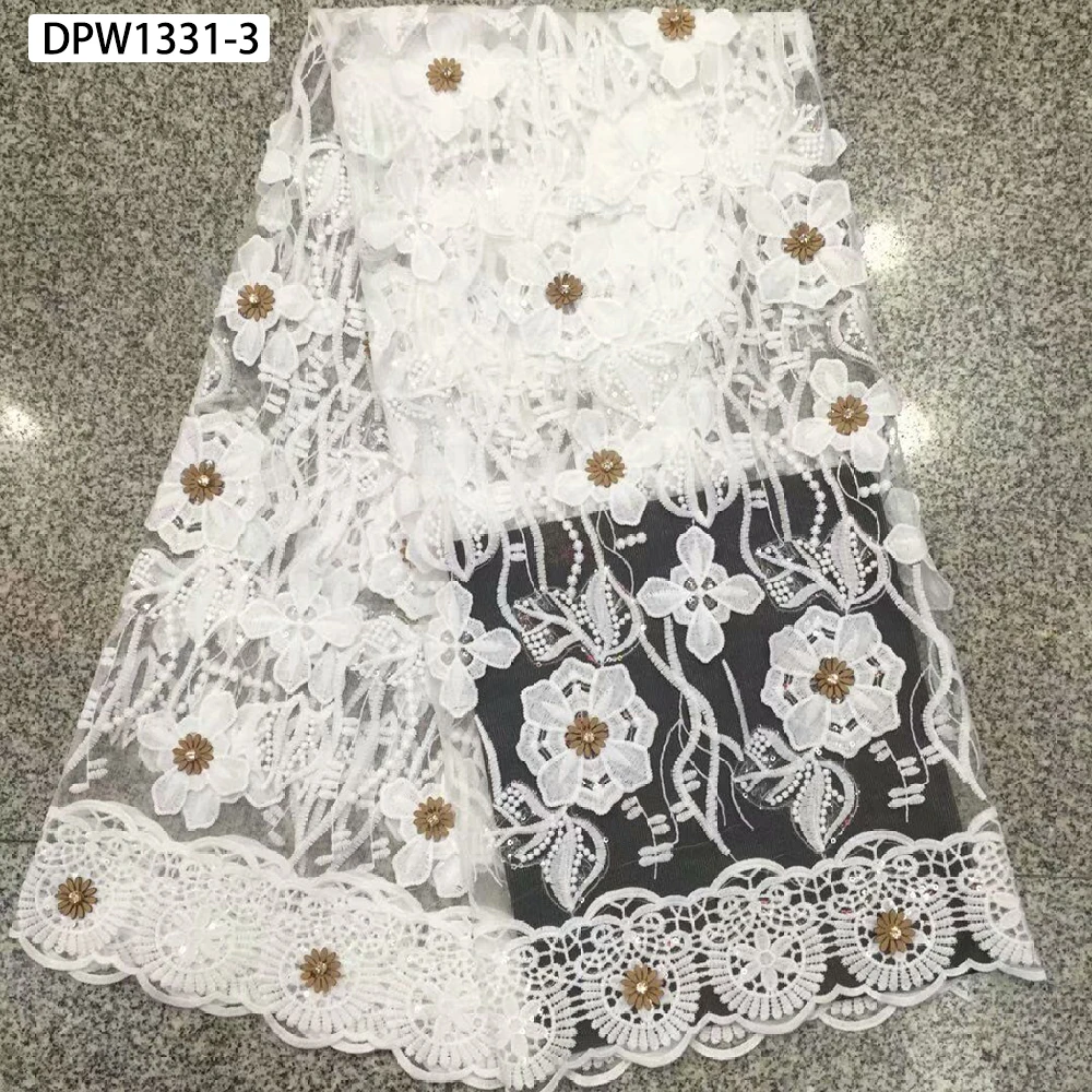 

Milylace white lace fabric with lovely flower 5 yards embroidery French tulle lace with rhinestones for girl's dresses DPW1331