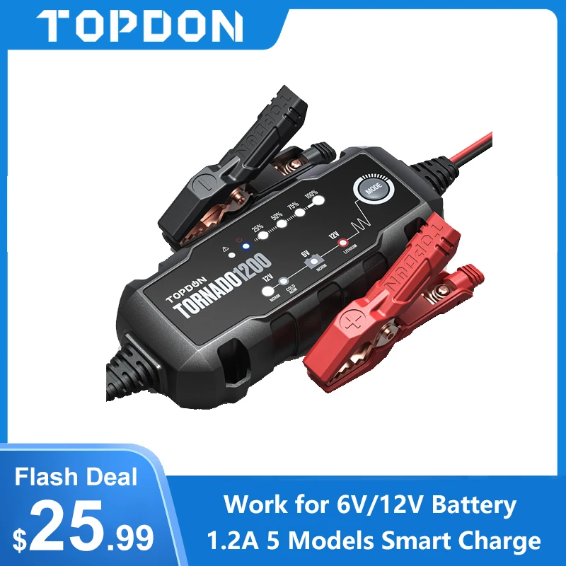 Topdon T1200 Car Battery Charger 6V 12V Automatic Lead Acid Lithium Batteries Charger IP65 Car Motorcycle Battery Charger