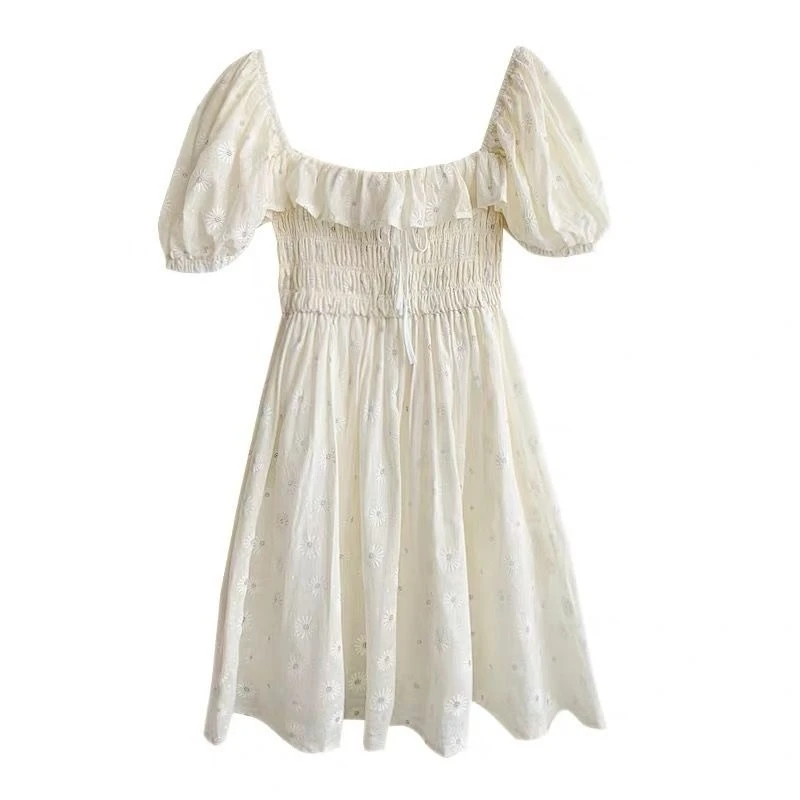 

Sexy Ruffles Women Puffed Sleeves Dress Square Neck Bow Slim Waist Floral Dresses New 2021 Summer Girls Princess Pleated Dresses