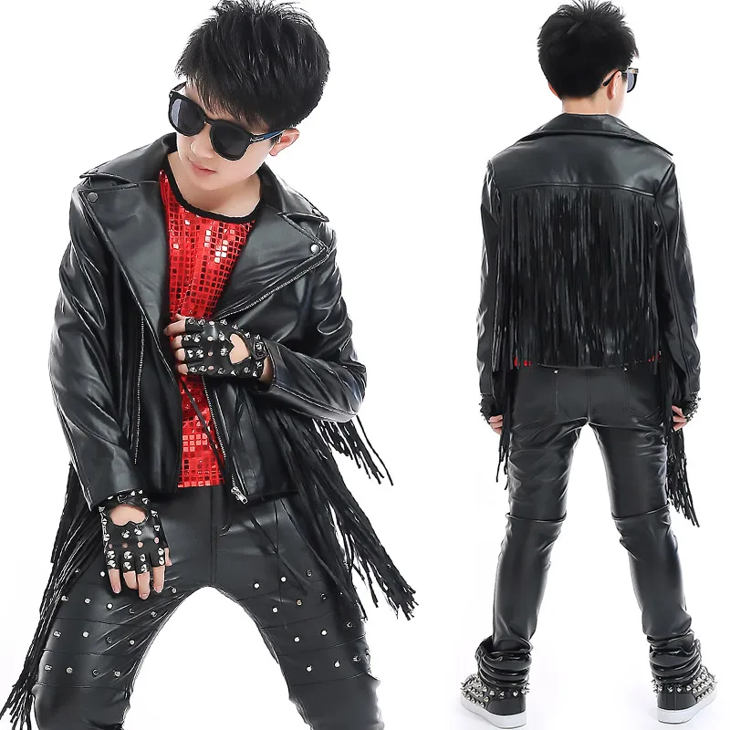 Новые костюмы в стиле хип-хоп черная кожаная куртка с кисточками брюки для