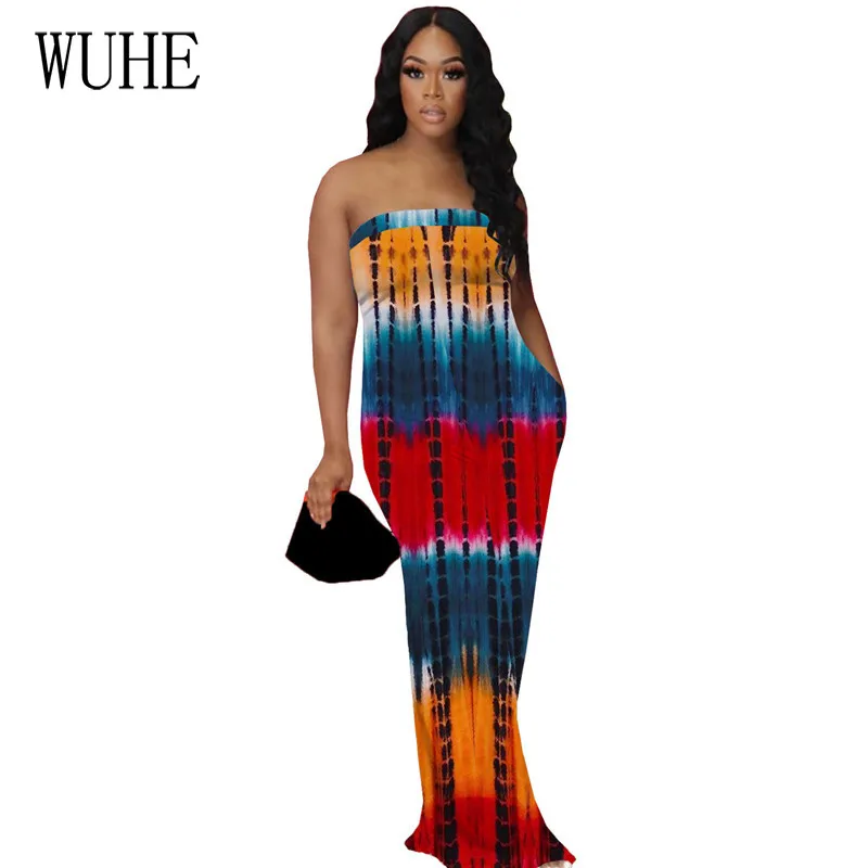 

WUHE Tie Dye Print Wide Leg Jumpsuits Sleeveless Sexy Off Shoulder Breast Wrap Hollow Out Nightclub Party Streetwear Overalls