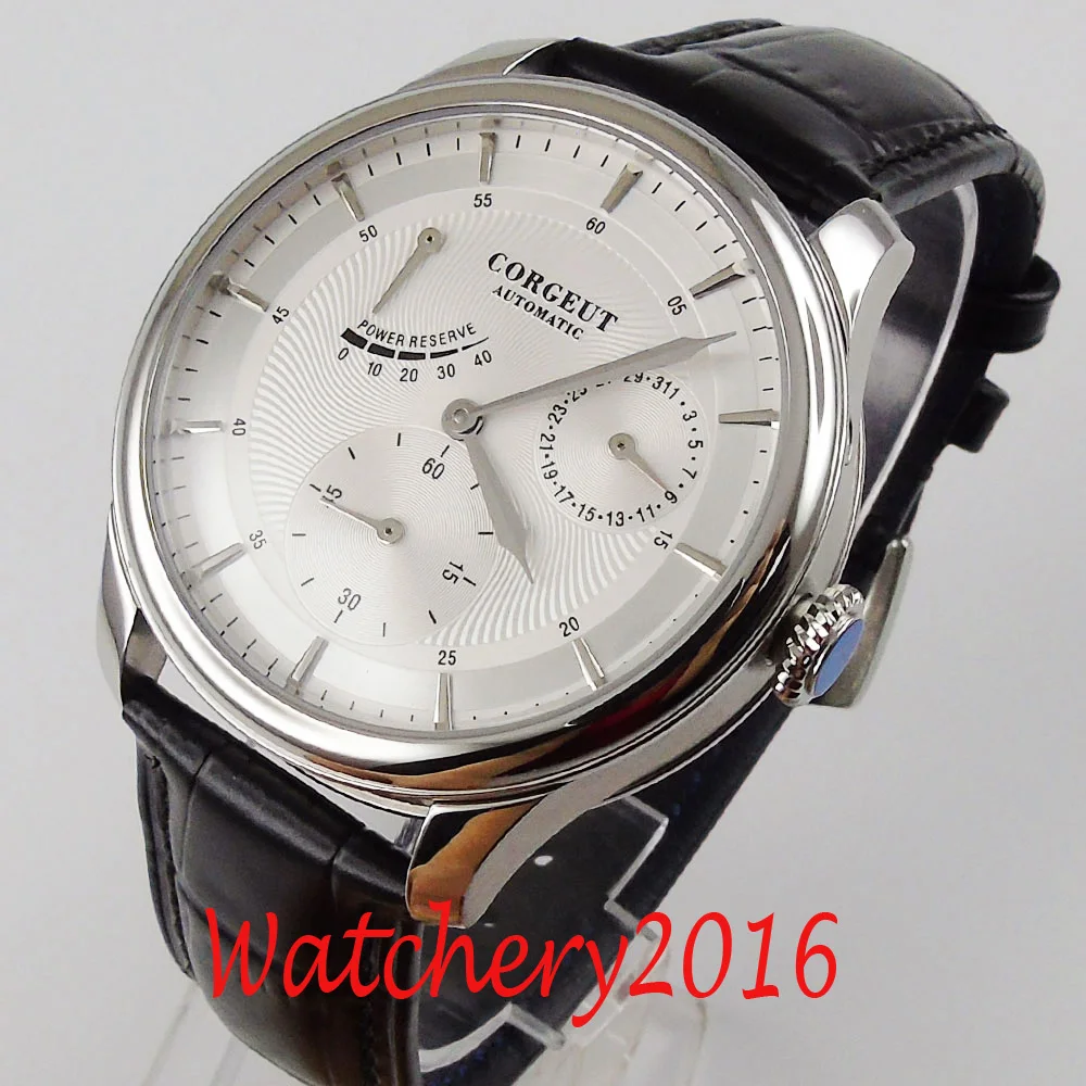 40mm Corgeut White dial Power reserve sapphire glass date automatic movement mens watch
