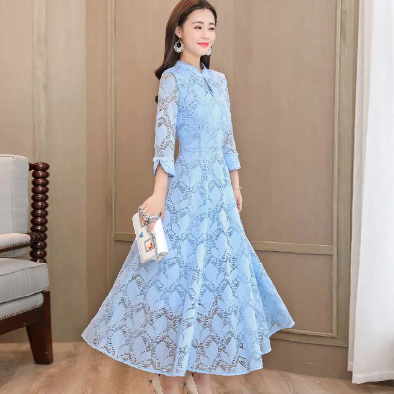 Женское винтажное кружевное платье чонсам элегантное черное тонкое длинное