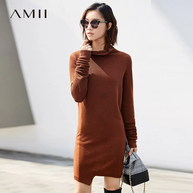Amii минималистичное платье водолазка Осеннее женское тонкое однотонное