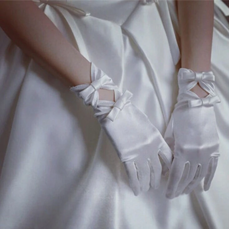 Женские короткие атласные свадебные перчатки на пальцах с бантом
