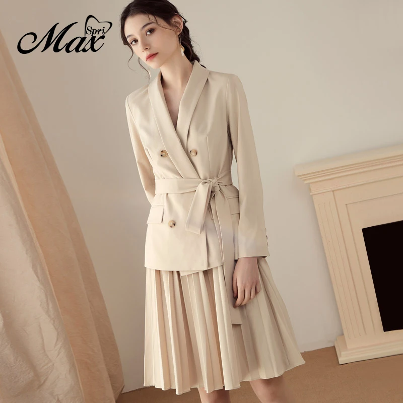 

Max Spri 2020 New Fashion Long Sleeve Double Breasted Belt Blazer Ruffles A-Line Skirt Elegant Office Lady Two-Piece Sets Suits