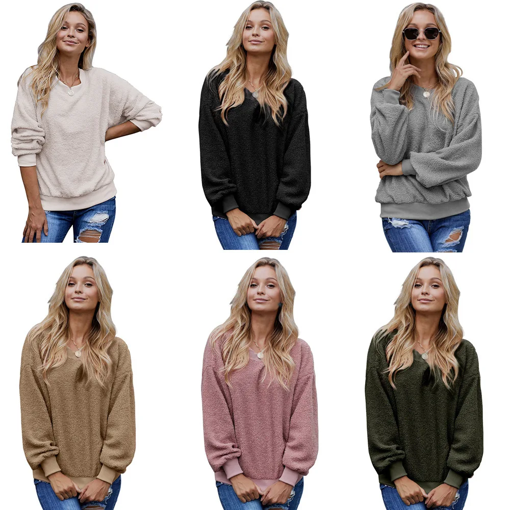 

Autumn Winter New Cashmere Sweatshirts Thickened Pullover Hoodies Women's Round Neck Long Sleeve Loose European Top 252270