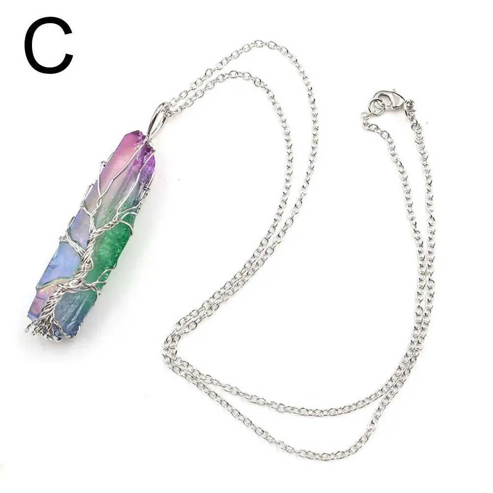 Natural Stone Rainbow Quartz tree of life Pendant Necklace Women Men Pendulum Reiki Healing Chakra Boho Jewelry Colorful - Окраска металла: C