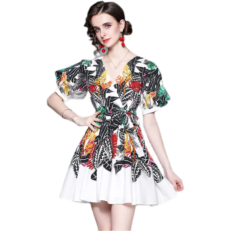 

Women Elegant Leaves Print Cross V-Neck Lantern Sleeve High Waist Lace-Up Sashes Vestidos Contrast Color Short Dress 3952