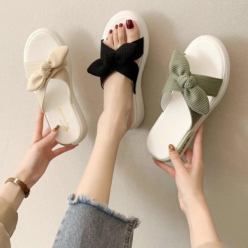 

Flat Shoes Female Med Slippers Casual Summer Clogs Woman Slides Pantofle Butterfly-Knot Luxury Beach Soft 2021 Butterfly-knot Fa