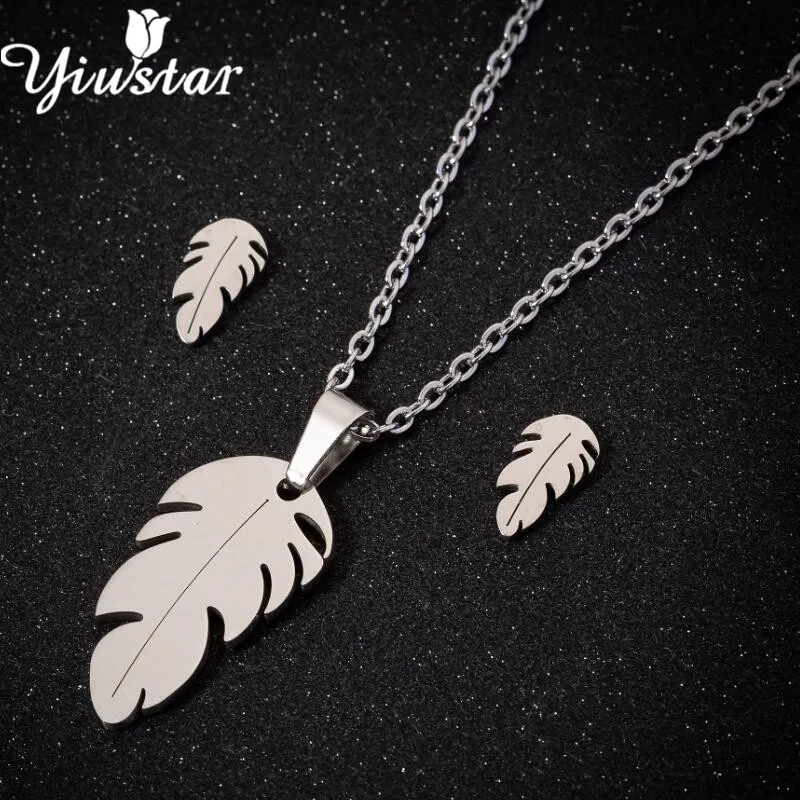 Yiustar Gold Trendy Feather Necklace Leaf Jewelry Sets for Women Stainless Steel Statement Earrings Girls Earing Bijoux | Украшения и