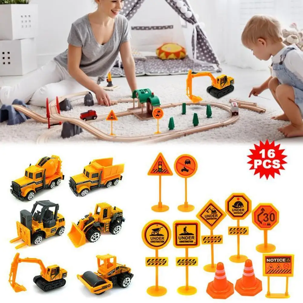 

16 уик-головоломка тележка комплект 1:64 сплав инженерно грузовик экскаватор-погрузчик с дорожными знаками ABS Материал резиновым Водонепрони...