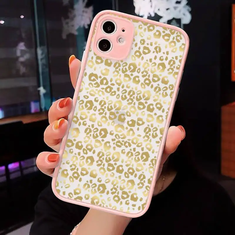

Golden leaf flower love leopard Phone Case For iPhone 12 11 Mini Pro XR XS Max 7 8 Plus X Matte transparent Pink Back Cover