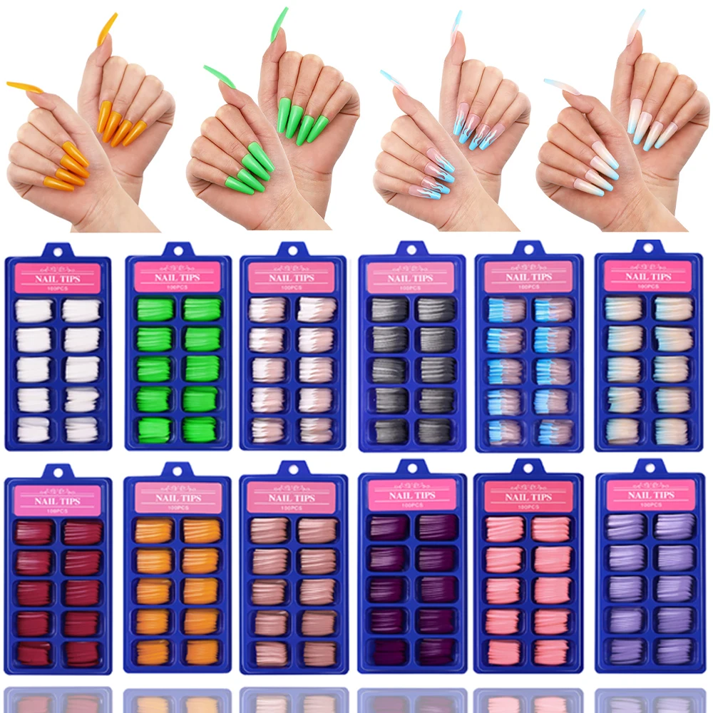 

Candy Color Full Cover Press On Long Coffin Ballerina Flame False Nails French Fake Nails False Nail Art Tips