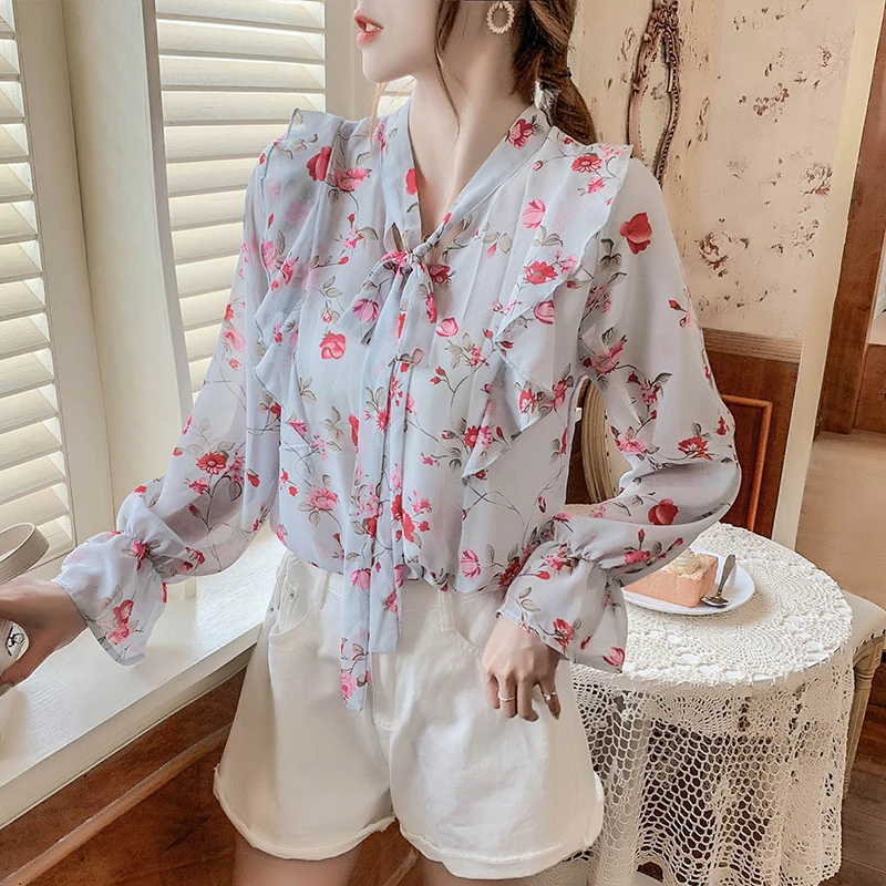 

Пуловер с длинным рукавом, блузка, рубашки, осенняя рубашка с бантом, женские шифоновые топы с цветочным принтом, рубашка с V-образным вырезо...