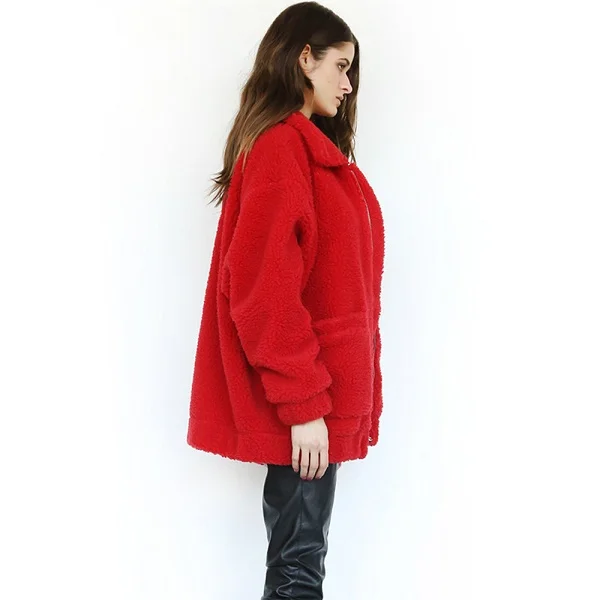 06 Red Новое однотонное пальто для женщин, осенне-зимняя куртка с отворотом, свободная плюшевая одежда, Женский Повседневный джемпер на молнии, смешанное пальто из искусственного меха для девушек - Цвет: 06 Red