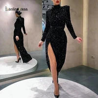 bbonlinedress high collar sequin evening dress long sleeves party dress glitter high split evening gown mermaid celebrity dress