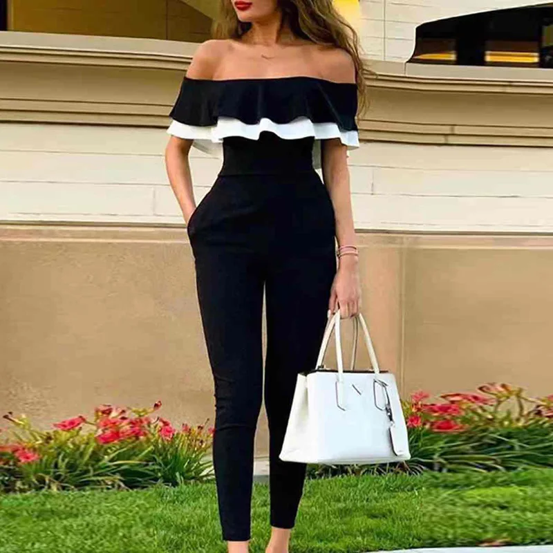 

2021 summer fashion new jumpsuit tube top black and white contrast color ruffled neckline jumpsuit women