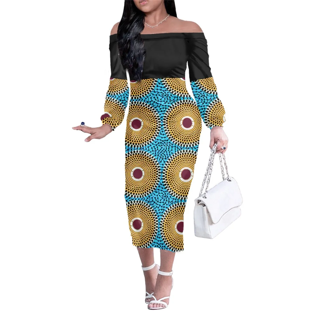 

Logo Customized African Ankara Dresses Sexy Bodycon Dress Custom Off Shoulder Dress Shirts Women Mini Hot Sale Long Sleeve Dress