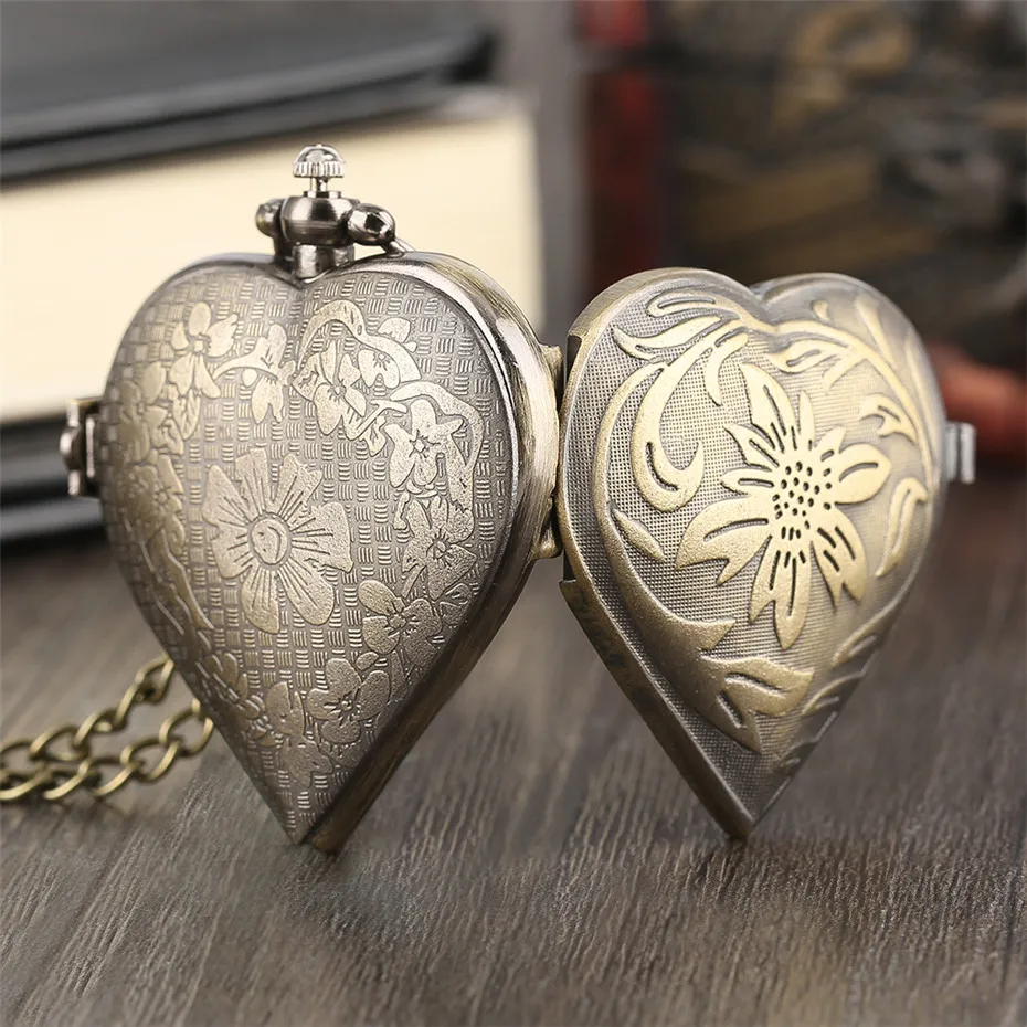 Ретро в форме сердца бронзовые подвесные карманные часы с necklace ем цепочкой крутые Кварцевые Fob часы для женщин девушек лучший подарок