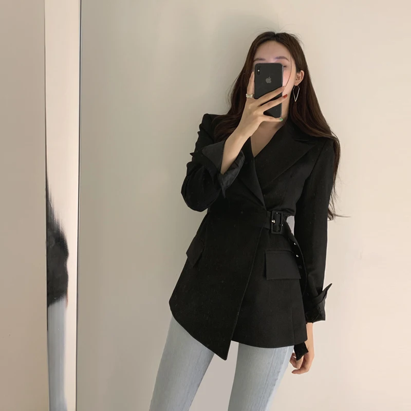 Женский приталенный Блейзер с поясом черный пиджак в стиле ретро верхняя одежда