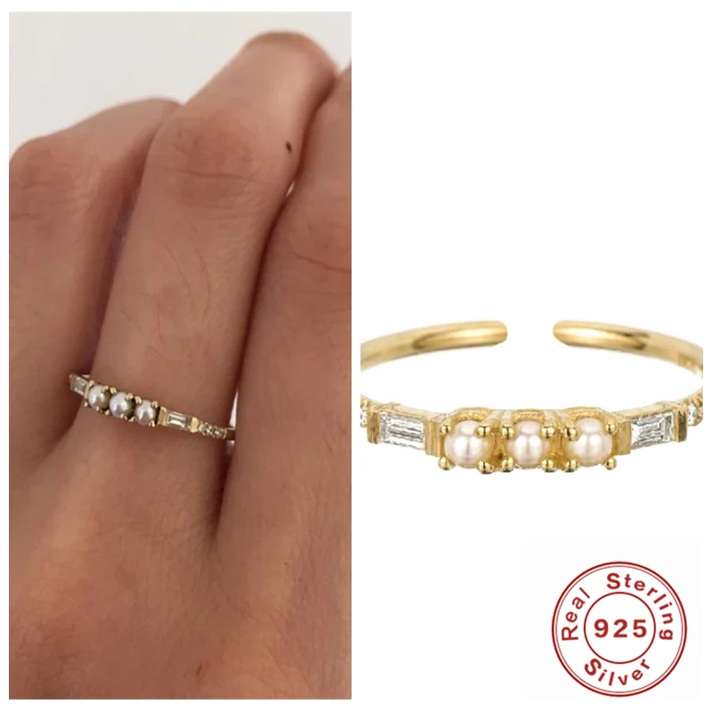 

Aide Minimalist 925 Sterling Silver Luxury Resizable Adjustable Gold Pearl Bling Crystal Zircon Rings for Women Fine Jewelry