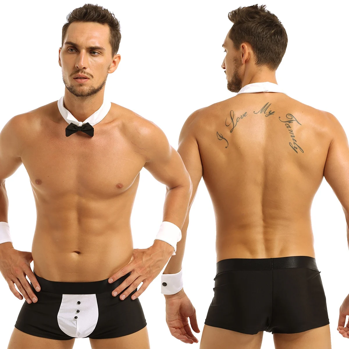 

Hot Erotic Maid Waiter Tuxedo Lingerie Set Mens Servant Sex Cosplay Costumes Sexy Boxer Briefs Underwear+Bow Tie Collar Bracelet