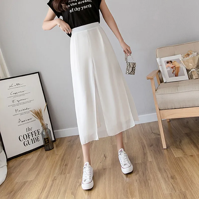 

Summer Cool Chiffon Fake Two Pieces High Waist Wide Leg Pants Solid Color Casual Loose Pants