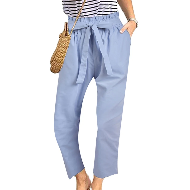 

Casual Women Pants Straight Drawstring Loose Summer Pants Ruffle Belted Trousers High Waist Sweatpants Elastic Long Pants Q30