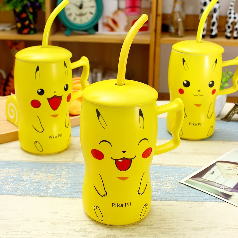 Мультяшная керамическая чашка для чая с соломинкой и крышкой милая пика аниме