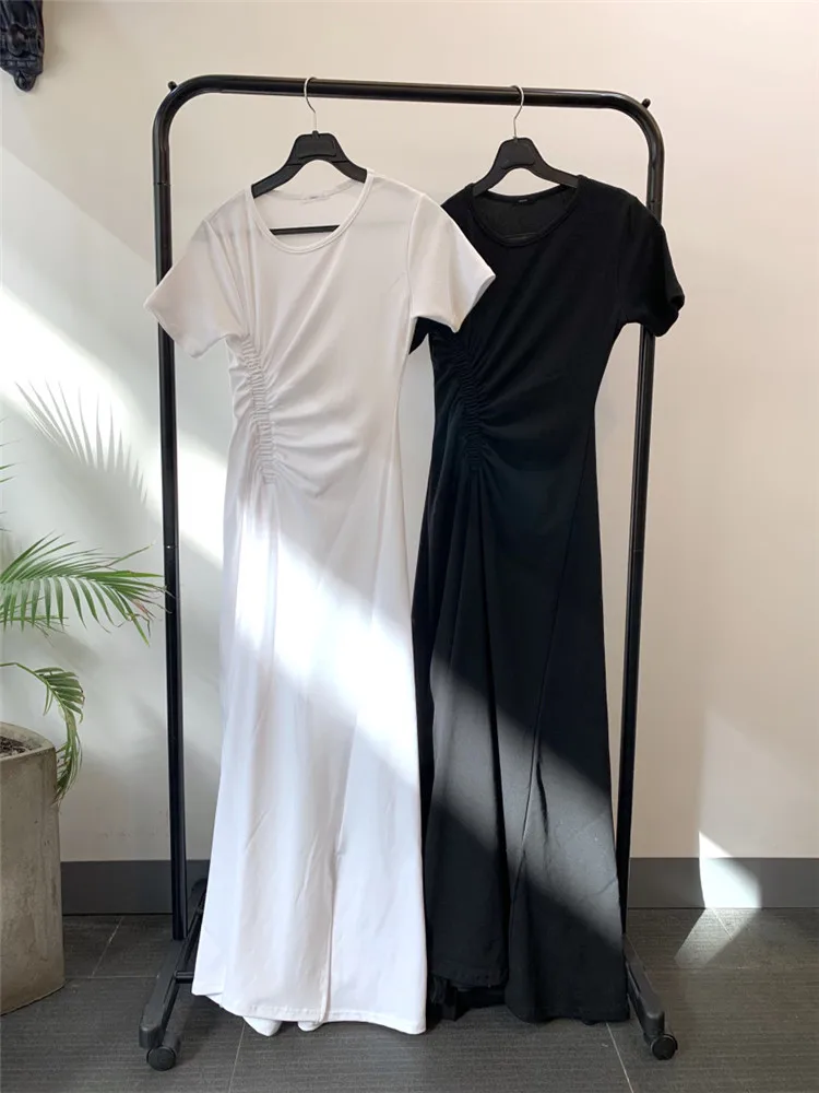 

2021 summer new high-end temperament slim-fit folds sexy waist side slit holiday dress