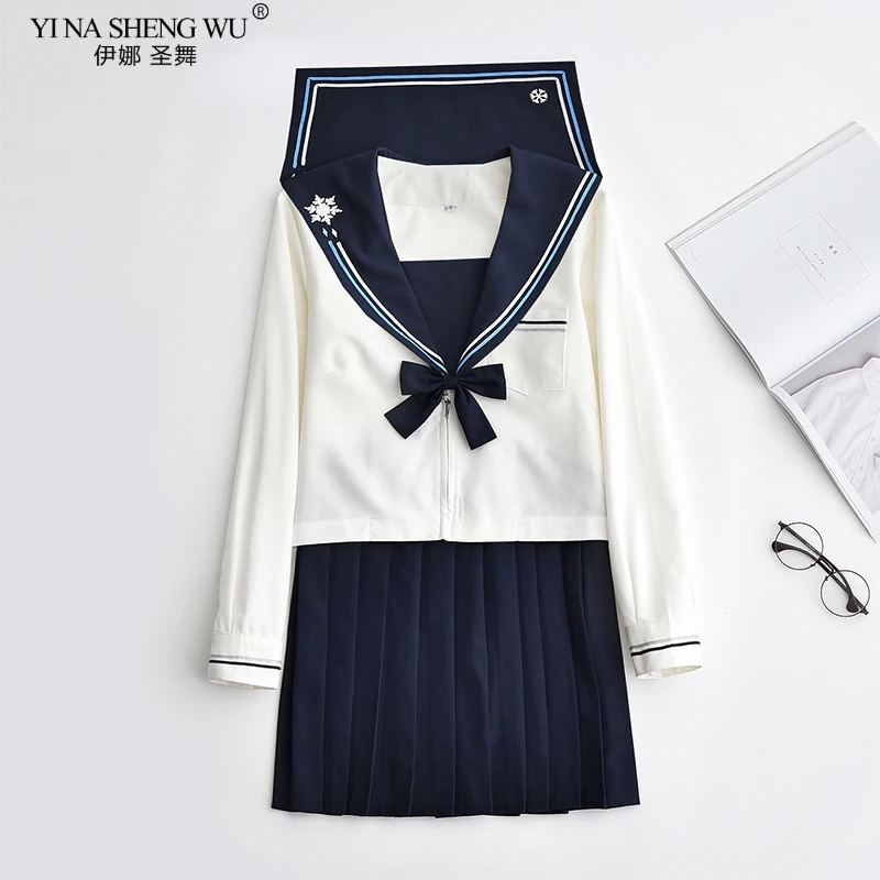 

Blue Embroidery Schoolgirl Uniform Japanese Class Sailor School JK Uniforms Students Clothes Girls Anime COS Pleated Skirt Suits