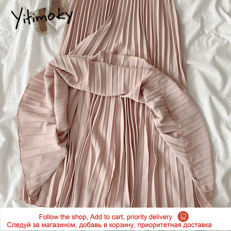 

Yitimoky Elegant Midi Skirt Womens 2021 Spring Korean Fashion New Elastic High Waist Casual Solid A-Line Mid-Calf Skirts Clothes