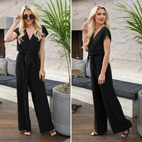 2021 summer new fashion all match v neck trousers wide leg pants high waist casual pants open back strappy female jumpsuit