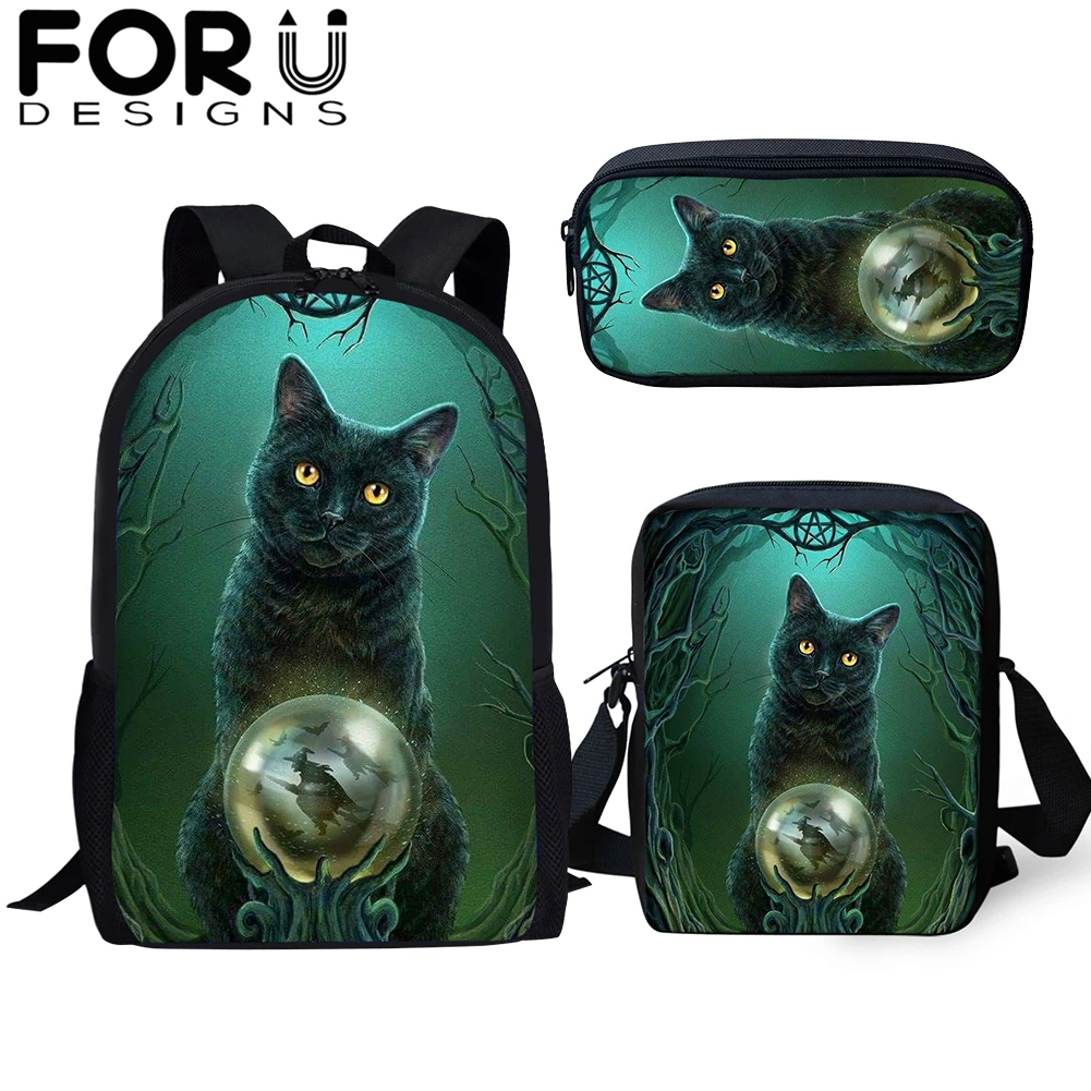 FORUDESIGNS/готический Черная кошка школьные сумки 3 шт./компл. для девочек и мальчиков Повседневное 3D Для женщин рюкзак ортопедический рюкзак детская дорожная сумка для книг