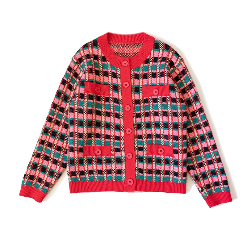 

Retro red plaid knitted cardigan women's Sweater coat autumn new loose-fitting outer sweater coat lazy cardigans female top