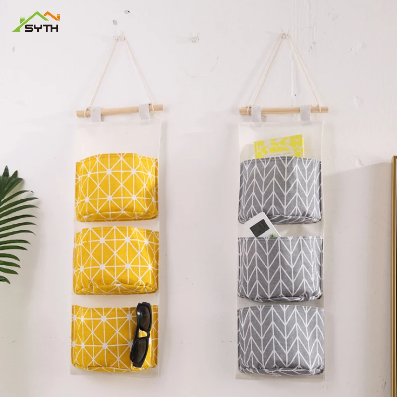 

3 Pockets Cotton Linen Pattern Hanging Storage Bag Wall Mounted Wardrobe Hang Bag Wall Cosmetic Toys Organizer