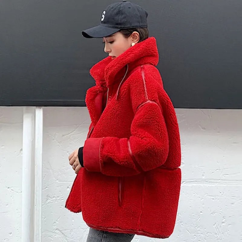 red Новинка, зимнее пальто из овечьего меха, женская модная утепленная флисовая куртка-пуховик с воротником-стойкой, большие размеры, свободная короткая куртка - Цвет: red