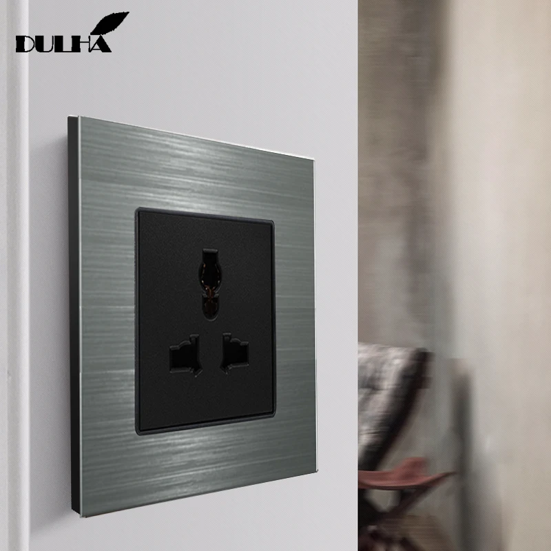

EU UK US Universal 3-Pins/hole Wall Socket, Multifuncational 3 Pins Electrical Plug Power Outlet, Luxury Brushed Aluminum Panel