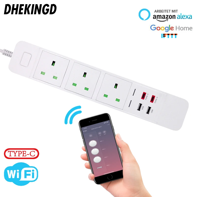 Smart Wifi Power Strip with  UK 3 AC Outlets 2 USB  2 Type-c Charging  Station Work with echo Alexa Google Home IFTTT EU Plugs