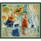 Картина маслом Стиль Кот и Подсолнух Набор для вышивки крестиком DIY животный узор 14ct 11ct холст ткани Набор для вышивки