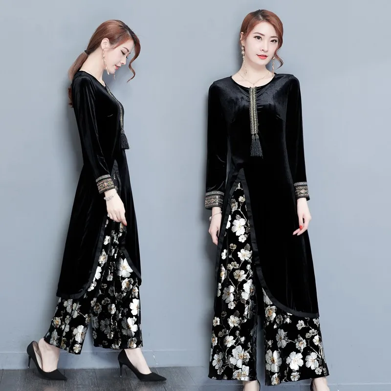 

Women Matching Set Outfit Velvet Knee Length Split Dress Flower Printed Loose Wide-Legged Pants Vintage Female Two Piece Sets