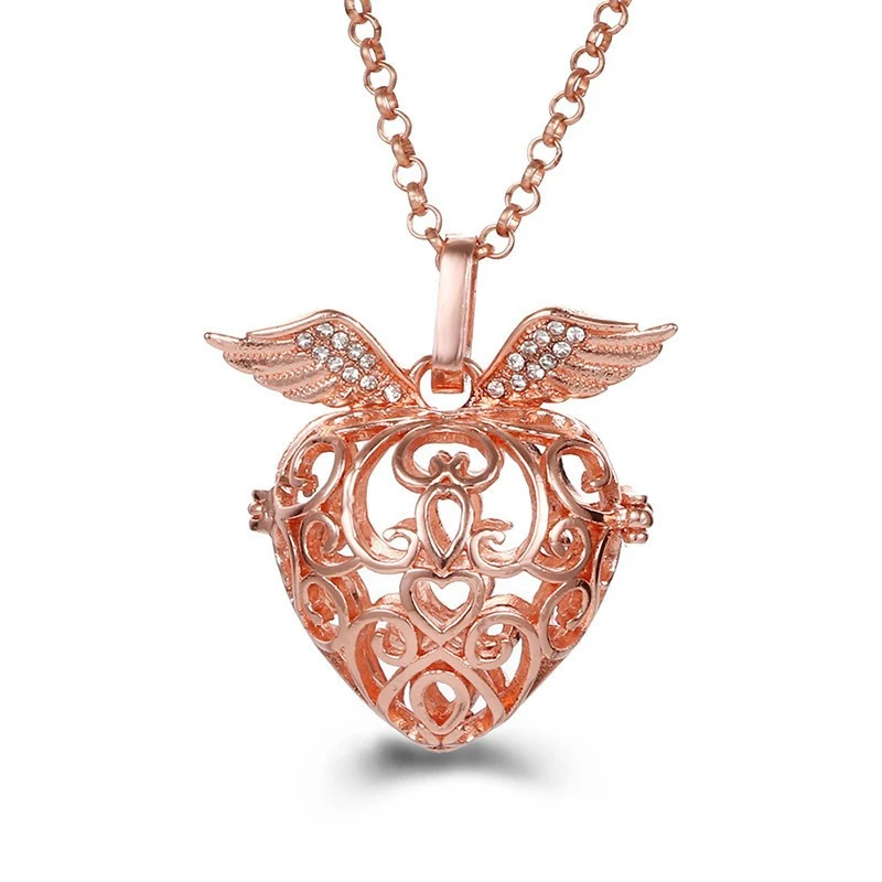 

New Mexico Music Ball 3 Colour Heart Pendant Vintage Angel Wing Zircon Aroma Necklace Perfume Diffuser Locket Pregnancy Jewelry