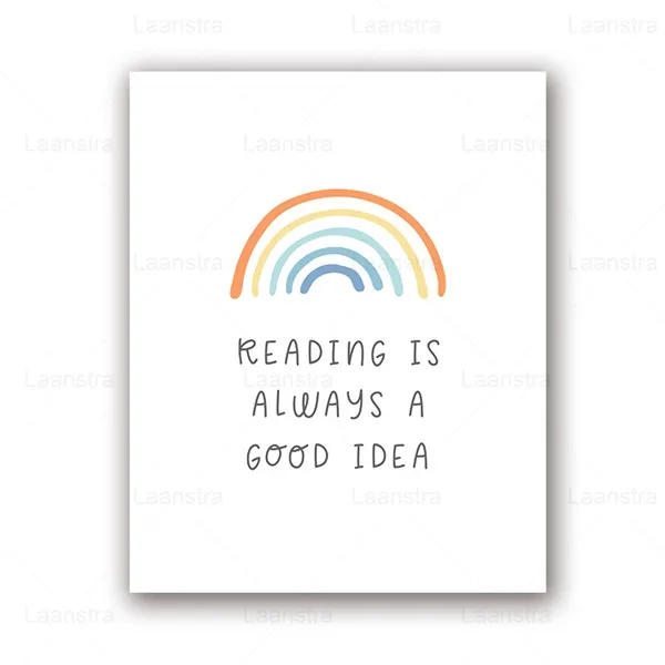 

Kids Educational Canvas Painting Rainbow Reading Is Always A Good Idea Quote Cartoon Poster and Print Nursery Home Decor WallArt