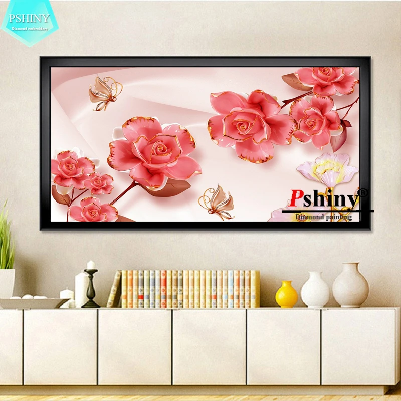 PSHINY 5D DIY Алмазная вышивка Продажа Красный цветок домашний Декор Картина полный