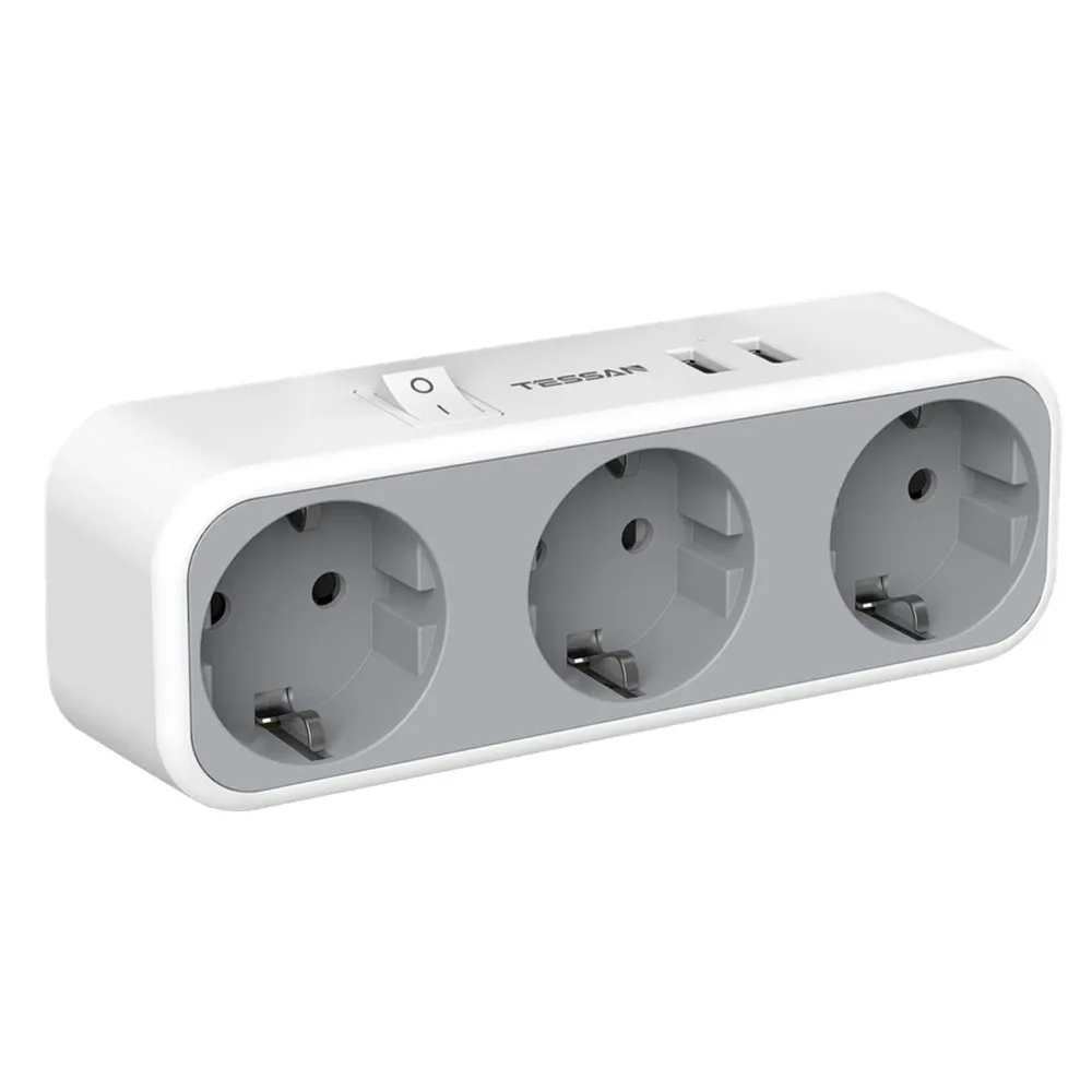 

TESSAN Power Strip EU Plug with 3 AC Outlets 2 USB Ports On/Off Switch Overload Protection Wall Plug Adaptor For Home Office